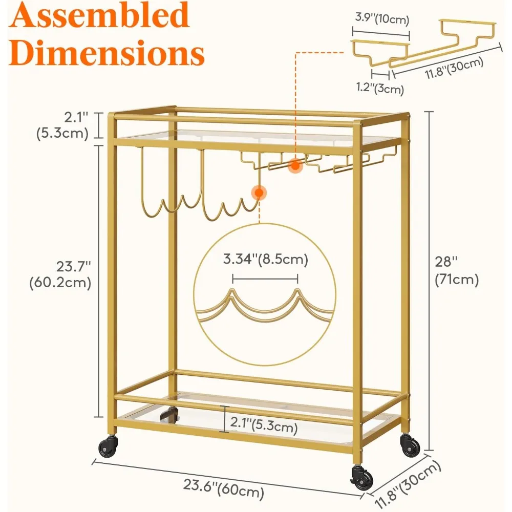 عربة تقديم بار منزلي مع رفين زجاجيين، عربة مشروبات دوارة بعجلات قابلة للقفل، رف زجاجي ونبيذ