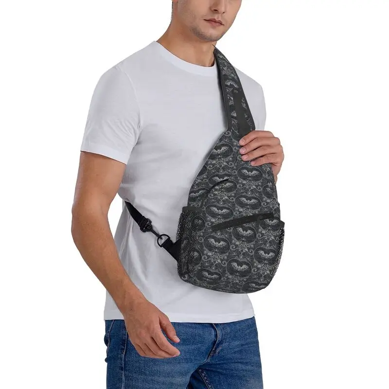 Custom Fashion Gothic Halloween Lace Bats Sling Crossbody Backpack Men Shoulder Chest Bag for Travel Cycling