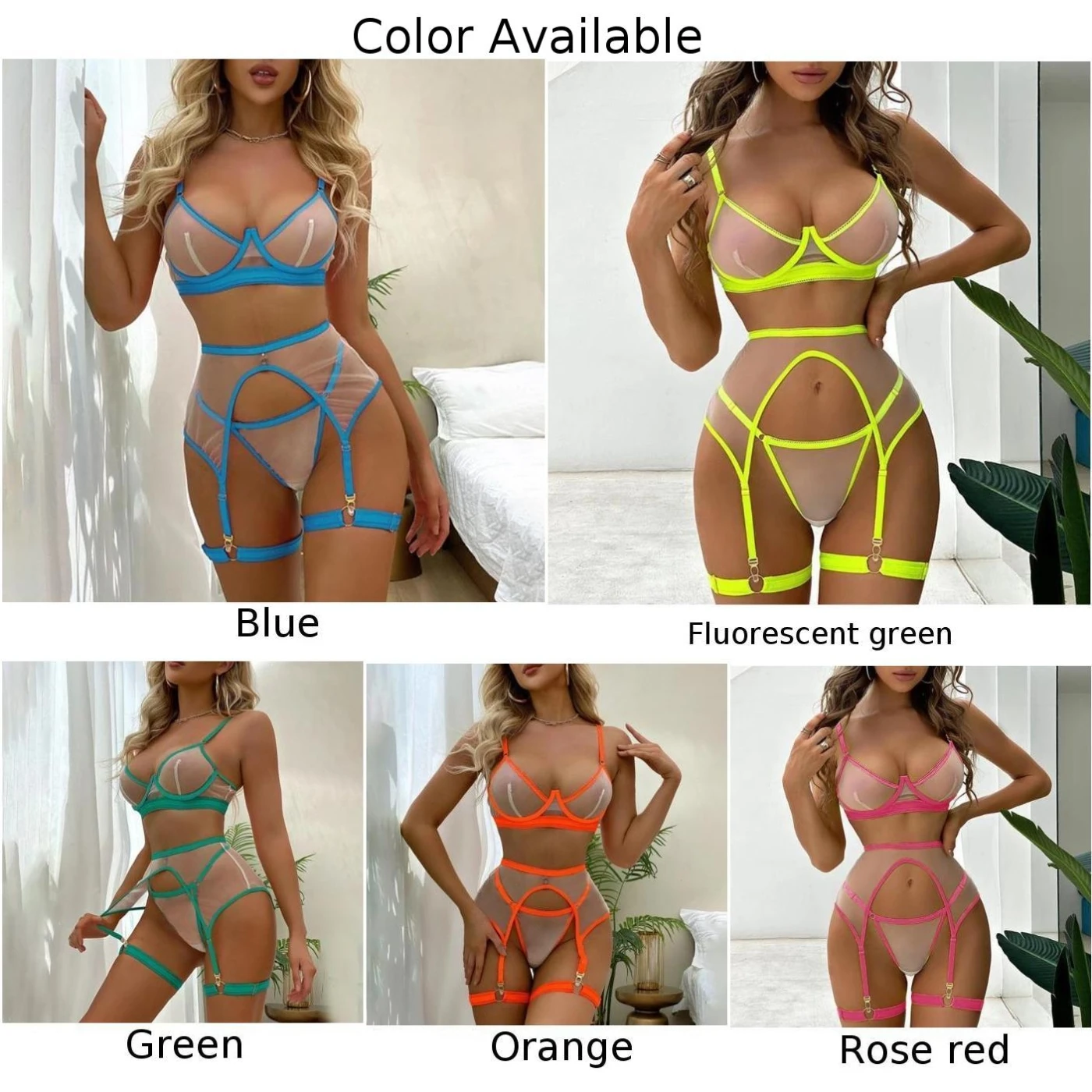 Sexy Lingerie Set Voor Vrouwen 3 Stuk Neon Kleur Mesh Ondergoed Set Transprent Holle Adem Bh T-Back Bikini Panty Kousenband Set