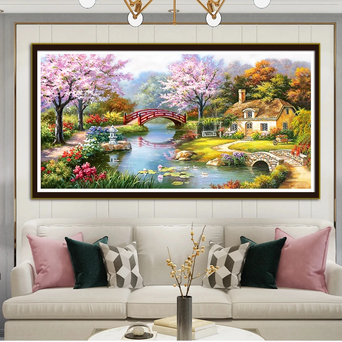 Pink flowers Sakura Park Landscape Large 5D DIY Diamond Painting Full Drill Embroidery Cross Stitch Rhinestone Picture