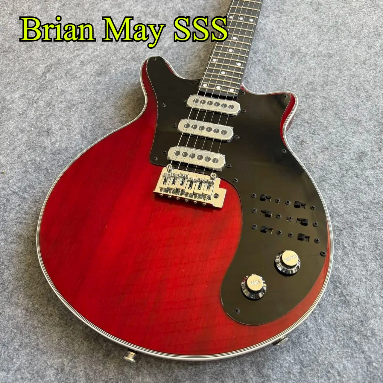 Brian May Red Transparent Round Double Cut Electric Guitar Three Single Pickups Black Split Control Plate Ebony Neck Practice