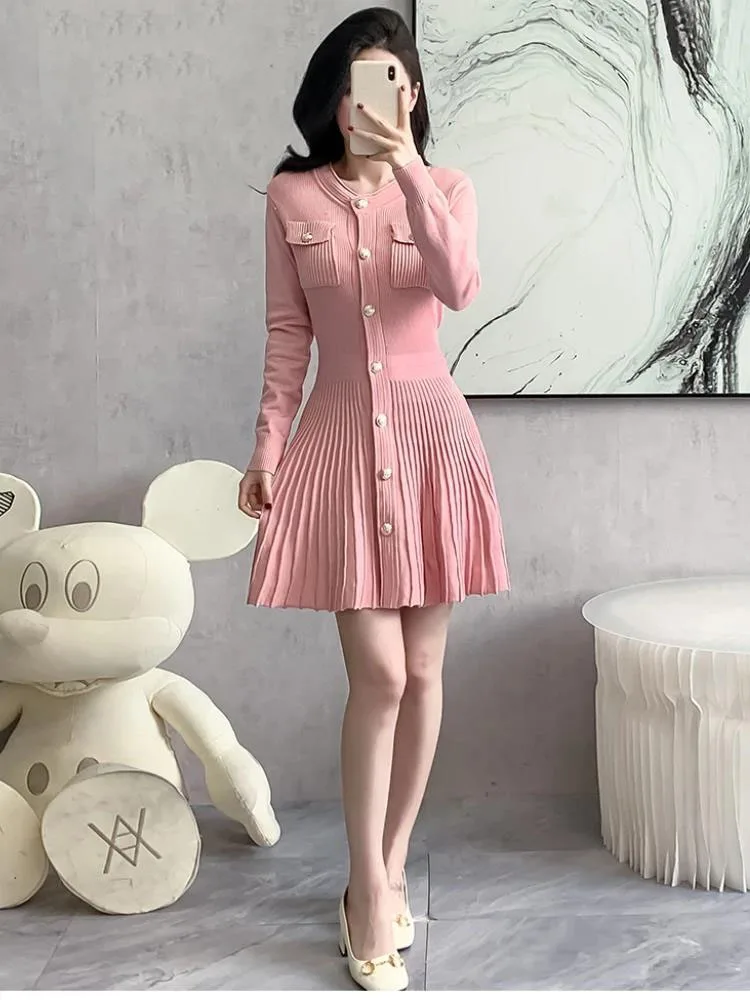 Women O Neck Long Sleeve Slim Waist Stretch Single Breasted Pleated Mini Dresses French Sweet Cut Soft Knitted Short Vestidos