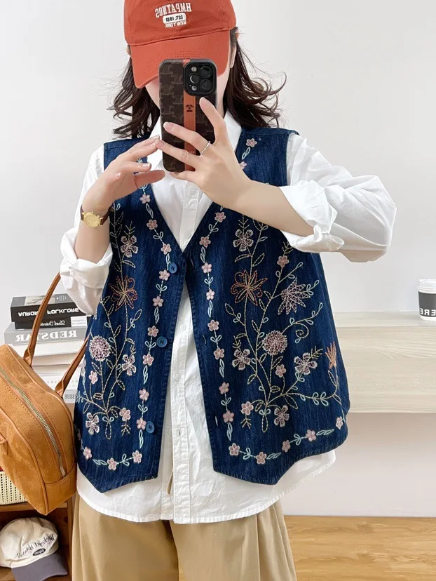 Japanese Retro Cartoon Fish Embroidery Denim Vest Coat Morigirl Style Cute Clothes Women Vests  Sleeveless Jean Waistcoat