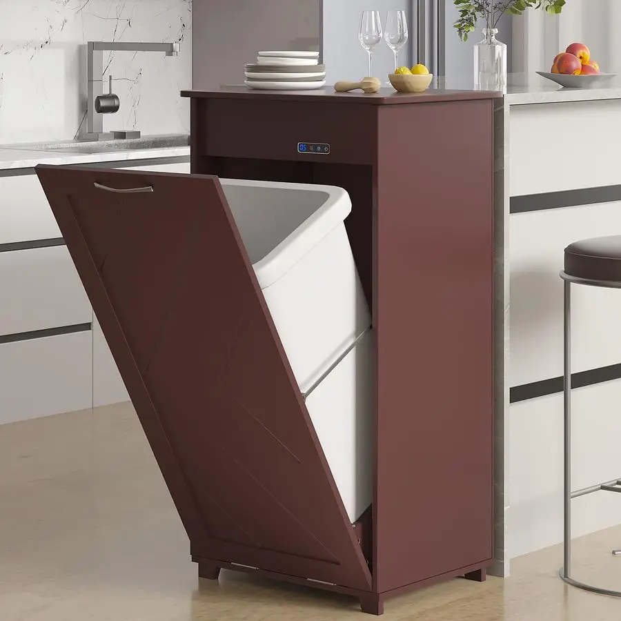 

Tilt Out Kitchen Trash Bin Cabinet, Dog Proof Garbage Can with Wood Holder Free Standing Recycling, Brown
