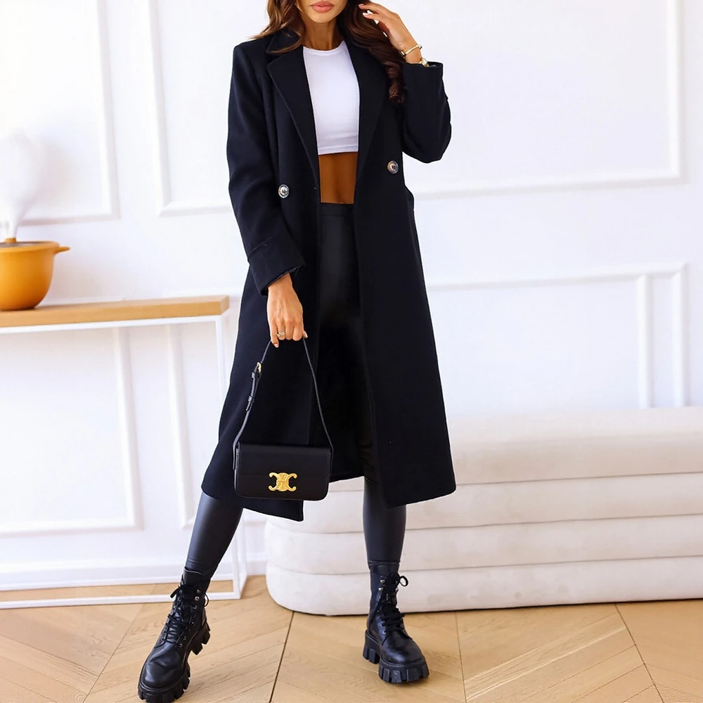 

Женское элегантное двубортное длинное пальто на осень-зиму, однотонное офисное женское пальто с лацканами и длинными рукавами