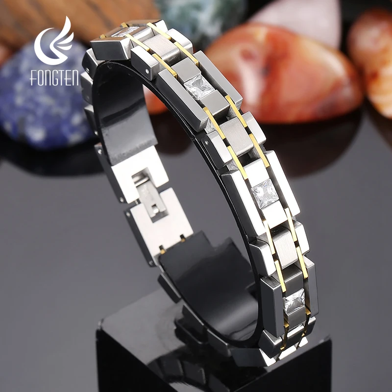 

Fongten New Watchband Chain Men Bracelets Silver Color Stainless Steel Cubic Zircon Brushed Bracelets For Men Hip Hop Jewelry