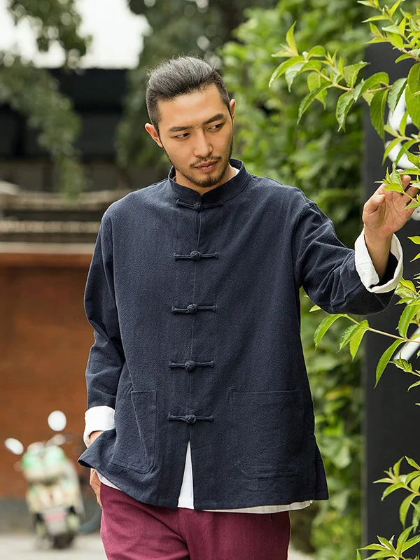 

Высококачественная китайская мужская льняная одежда с воротником-стойкой и длинным светом в стиле дзен, осенняя верхняя одежда на пуговицах, костюм Тан