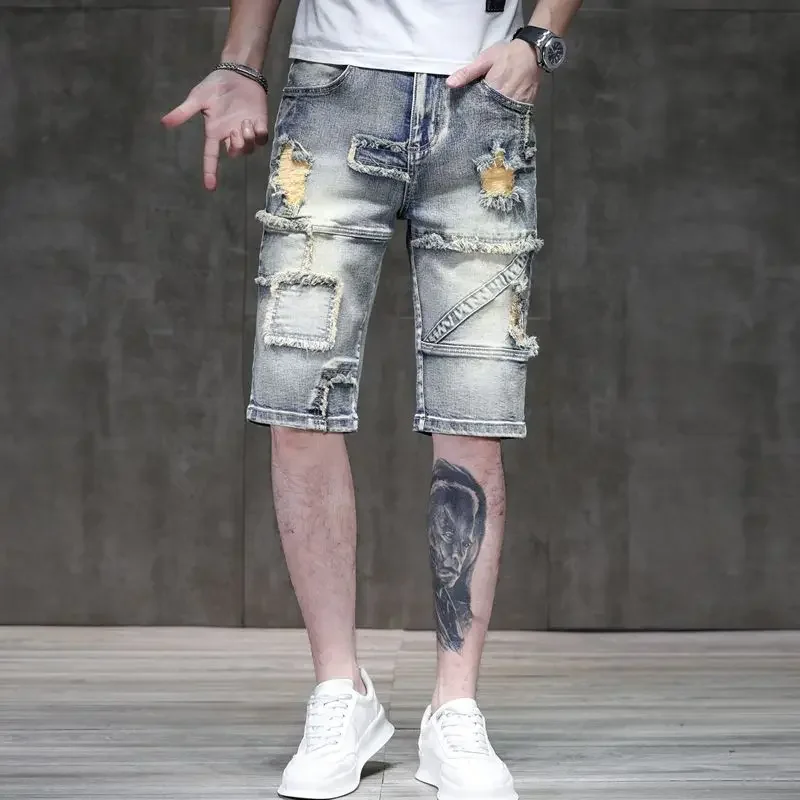 

Long with Pockets Men's Short Jeans Pants Half Bermuda Ripped Slim Male Denim Shorts Skinny Sale Rude Stretchable Wih Zipper Xl