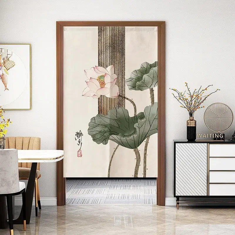 Chinese Ink Lotus Koi Noren Door Curtain Print Half Curtain Room Divider Kitchen Bedroom Restaurant Home Decor Split