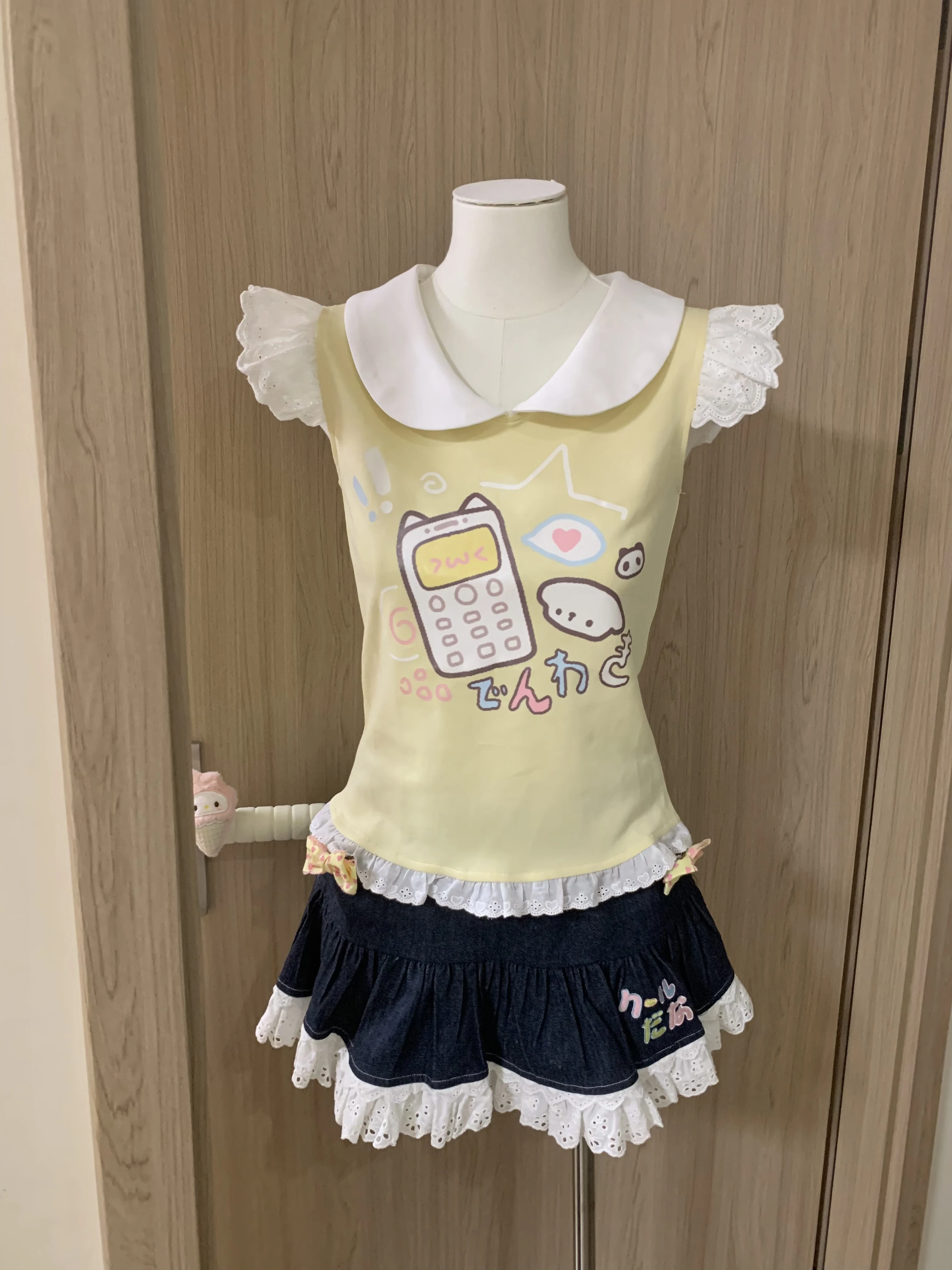 Cute Y2K Phone Print Sleeveless Top Japanese Cute Soft Girl Print Summer Short Sleeve Top Denim Skirt for Women Sold Separately