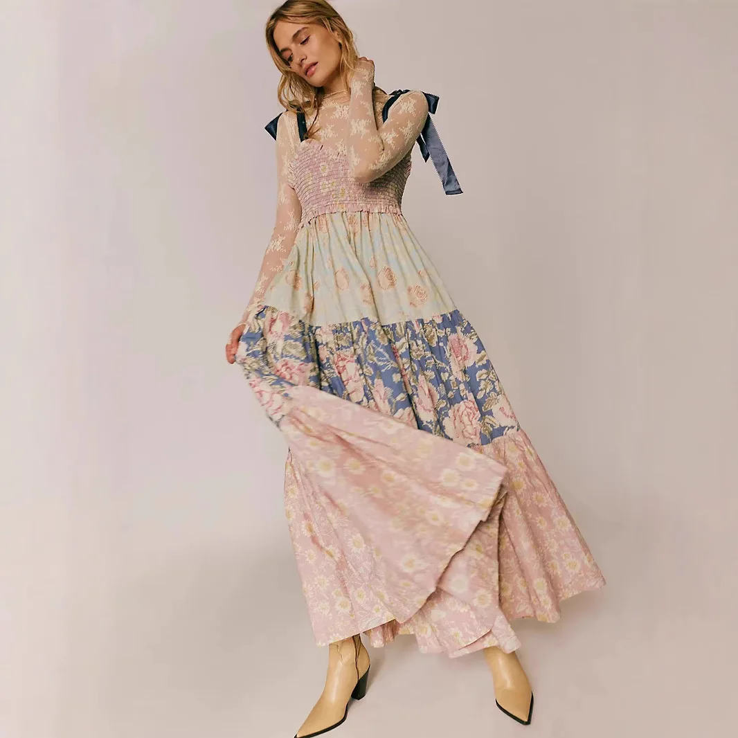 女性のカジュアルノースリーブサマードレス 2025 春クルーネックパッチワークボヘミアンフローラルフリルカクテルパーティーミディド​​レス