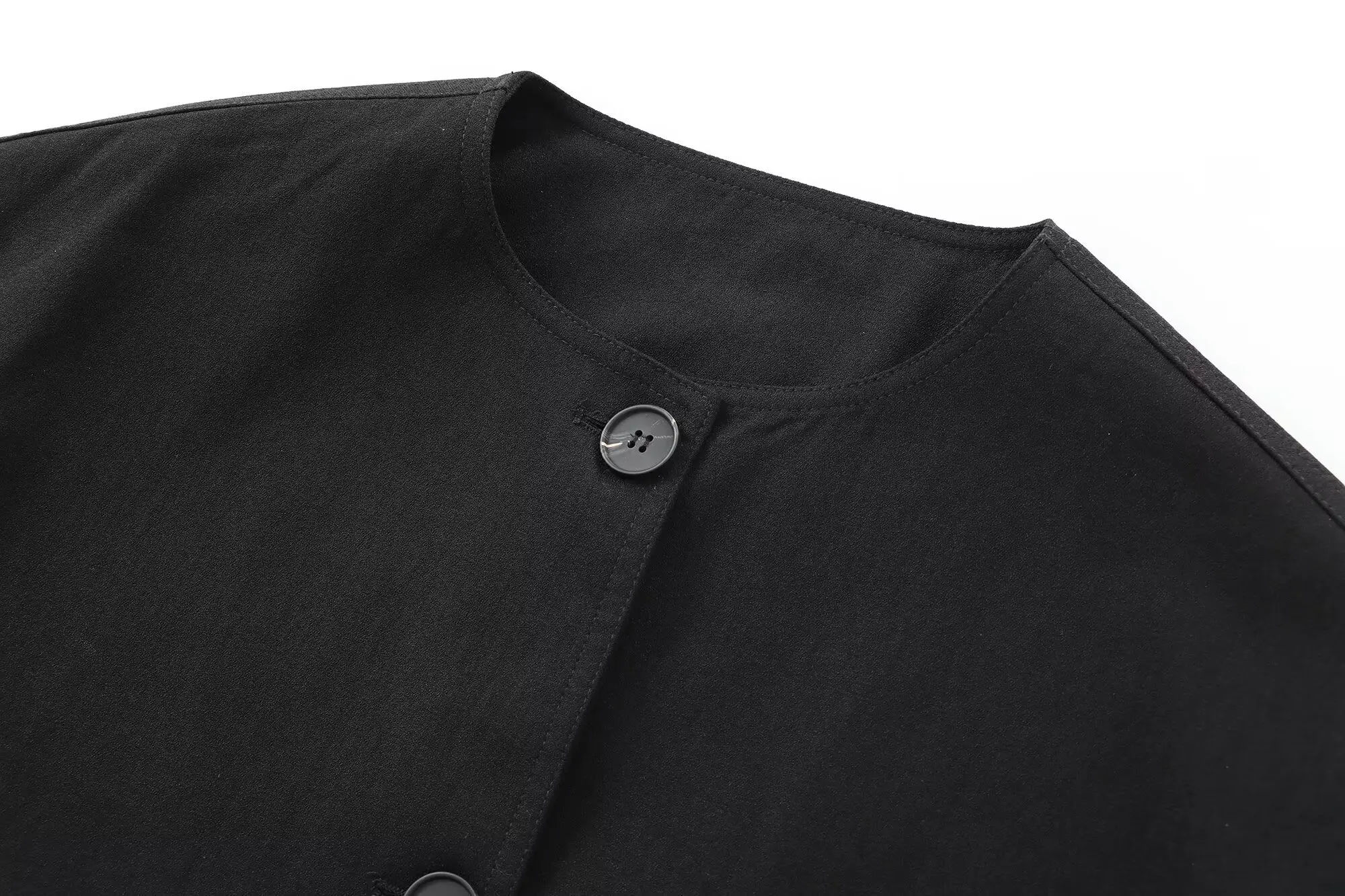 Maxdutti Autumn Women's Clothing Minimalist Black Bomber Jacket Retro Large Pocket Round Neck Suit Jacket Women
