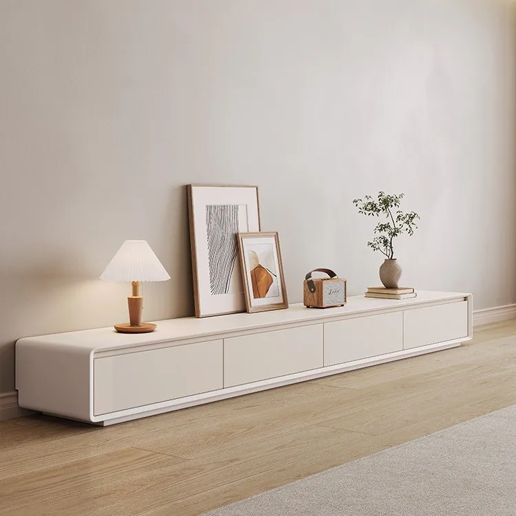 Cream wind TV cabinet coffee table combination modern simple solid wood rounded corner living room household floor video