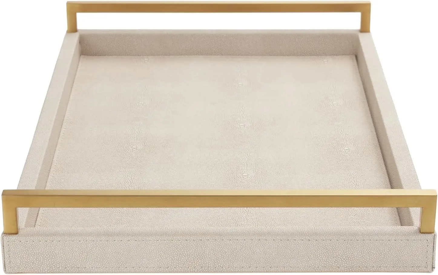 

Ivory Shagreen Leather Serving Tray with Gold Handles-17.7x11.8 Inch Large Wooden Decorative Ottoman Tray fro Coffee Table
