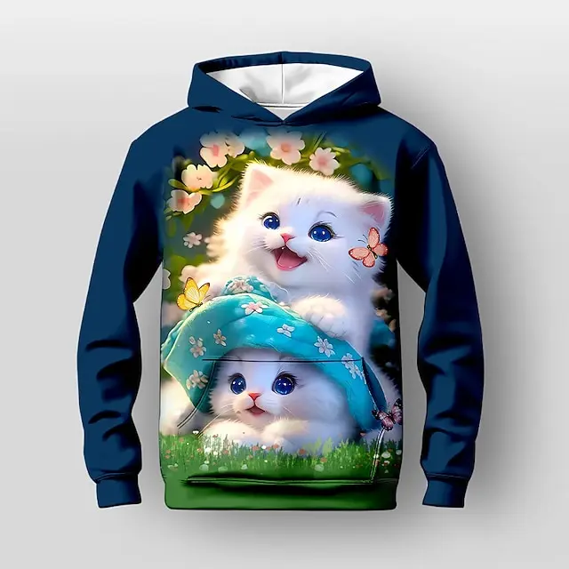 Bloemen Cartoon Kat 3D Print Hoodies Dames Oversized Sweatshirt Met Capuchon Straat Y2K Tops Trainingspak Unisex Jas Kleding