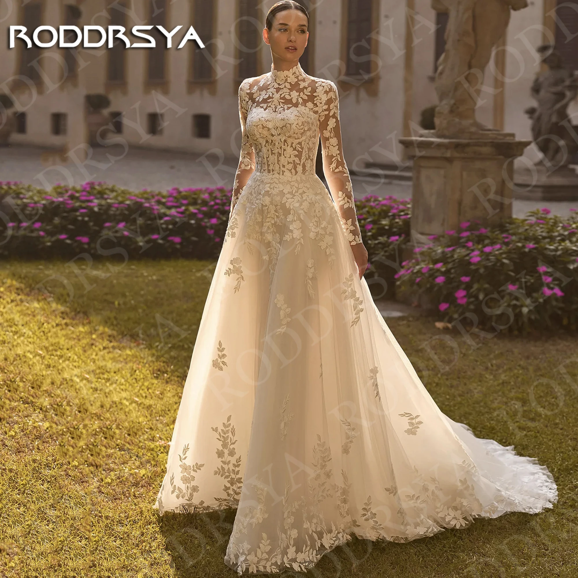 

RODDRSYA A Line Long Sleeves Wedding Dress Woman vestidos de novia High Neck Boho Lace Applique Tulle Bridal Dresses Customized