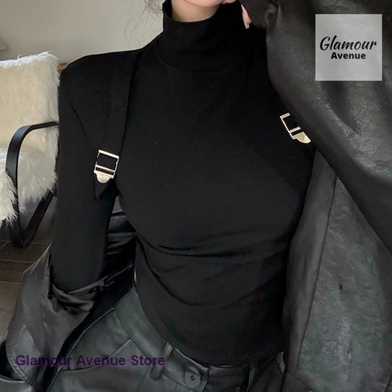 

Korean white turtleneck bottoming shirt top women's autumn and winter fashion temperament design shoulder long sleeve T-shirt