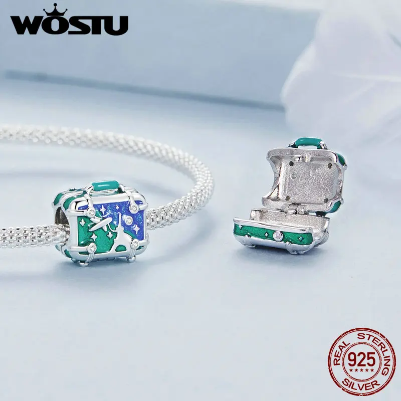 WOSTU 925 Sterling Silver Openable Suitcase Charm Travel Memory Fit Original Bracelet Necklace for Women DIY Fine Jewelry