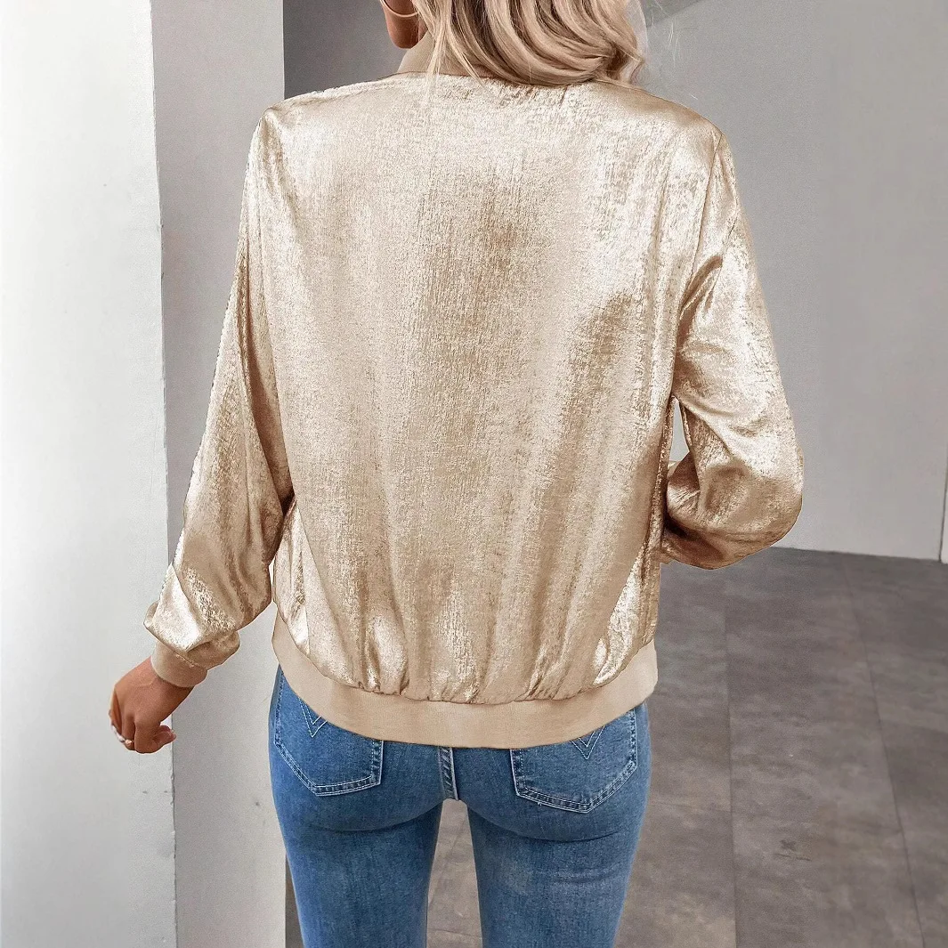 ​Women's Metallic Gold Slim Fit Zip Front Jacket Thin Layer Casual Shiny Outerwear Early Fall Lightweight Stylish Tops - náhled 2
