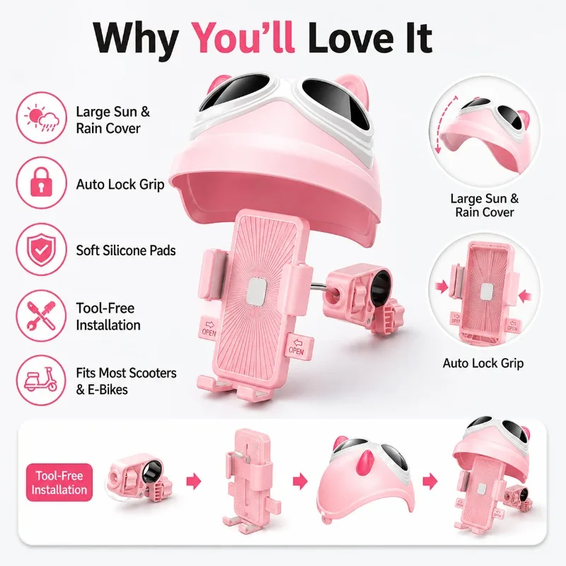 Universal Scooter Phone Mount with Hood, Rain Sun Shield Mobile Holder for Bike E-Bike Motorcycle - view 2