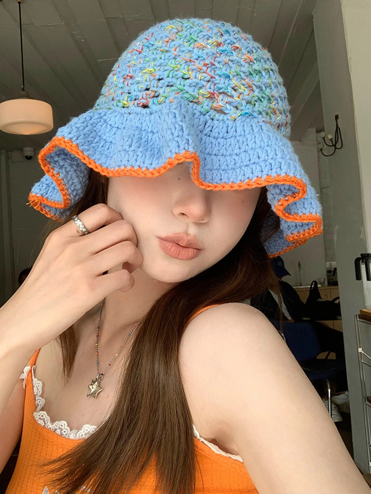 2024 graceful lace Colorful Hook flower hat Hat Women's Autumn and Winter Cute Handmade Plush Hat Knitted Fisherman Bucket Hats