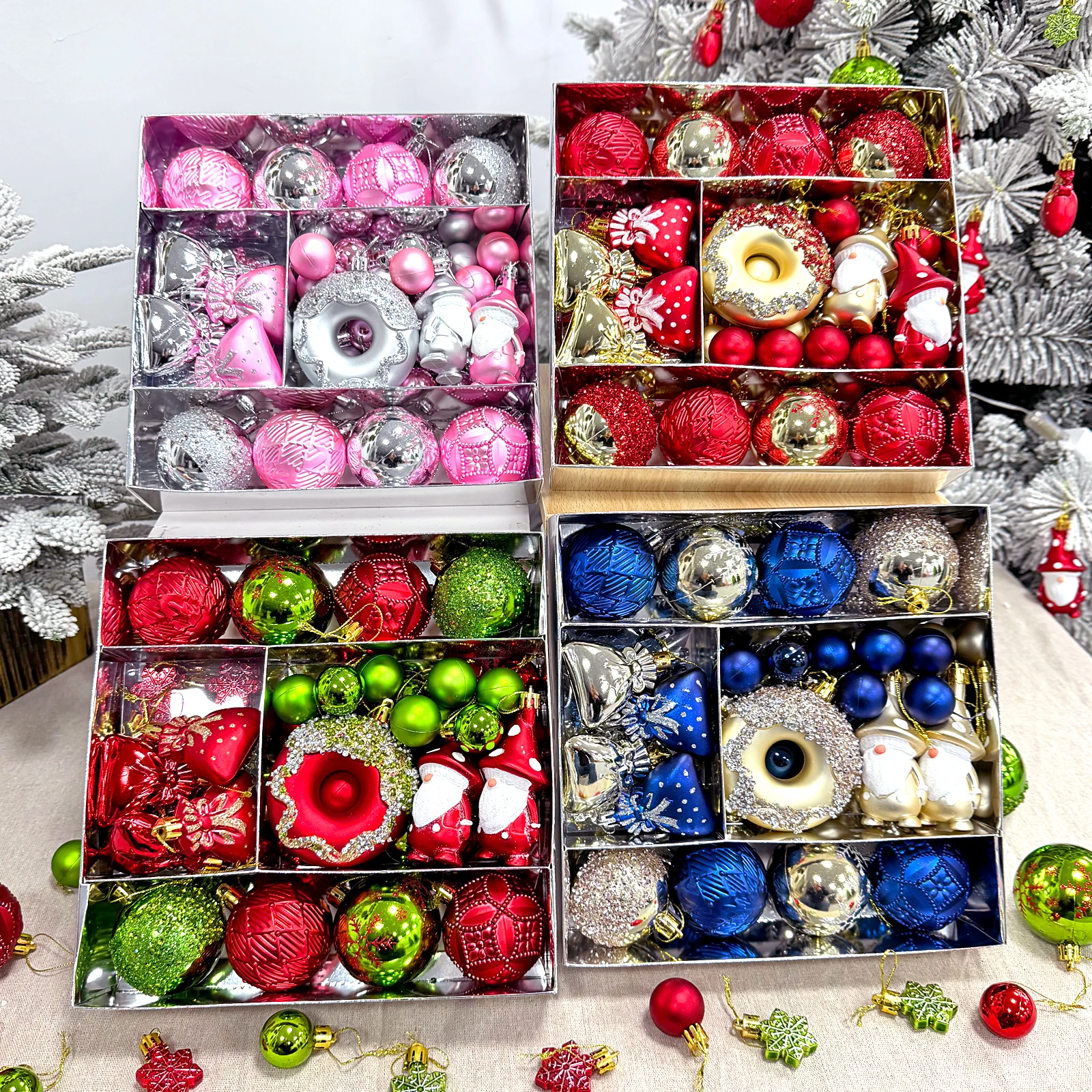 60Pcs Exquisite Christmas Ornaments Set Shatterproof Xmas Balls with Donut Gnome Creative Christmas Tree Hanging Pendants Decor