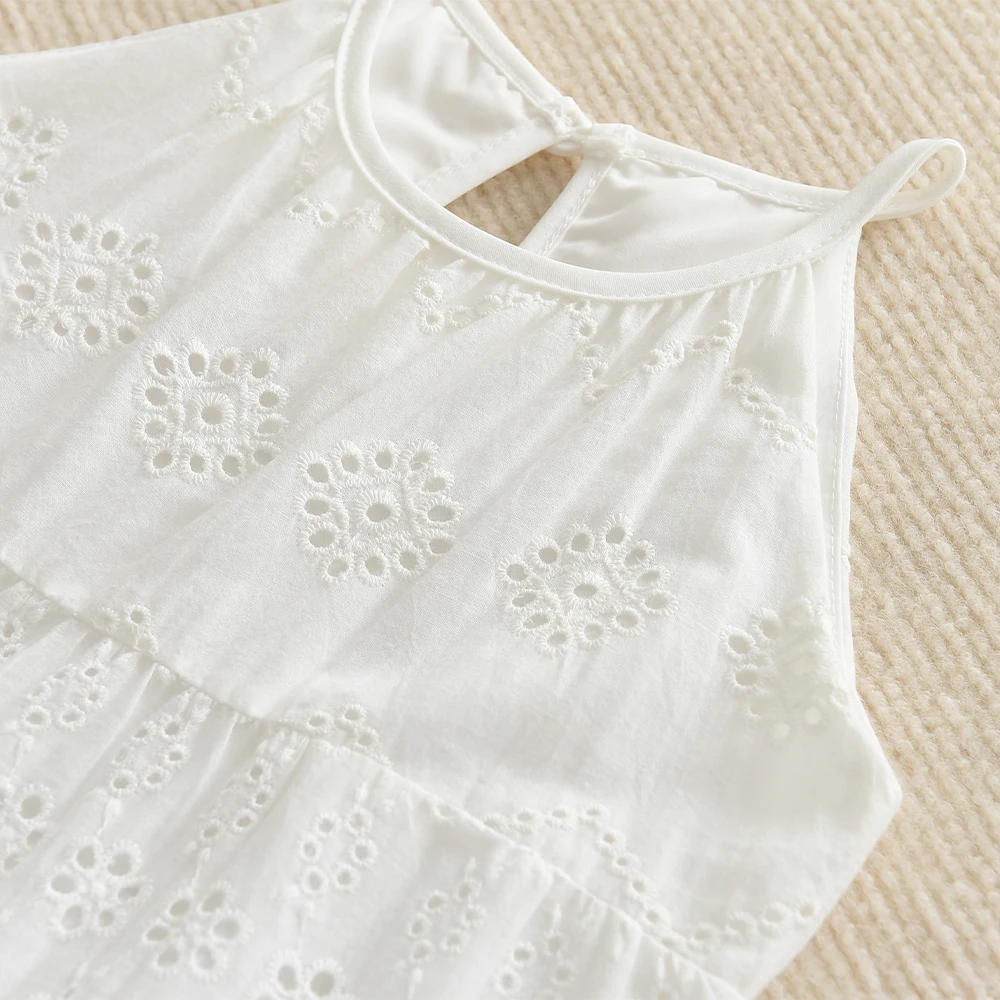 Sommer Einfarbig Casual Mädchen Kleid 2-7 Jahre Alt Weiß Mittellanges Hosenträgerkleid Baumwolle Tragen Einfarbige Kinderkleidung – Detail 4