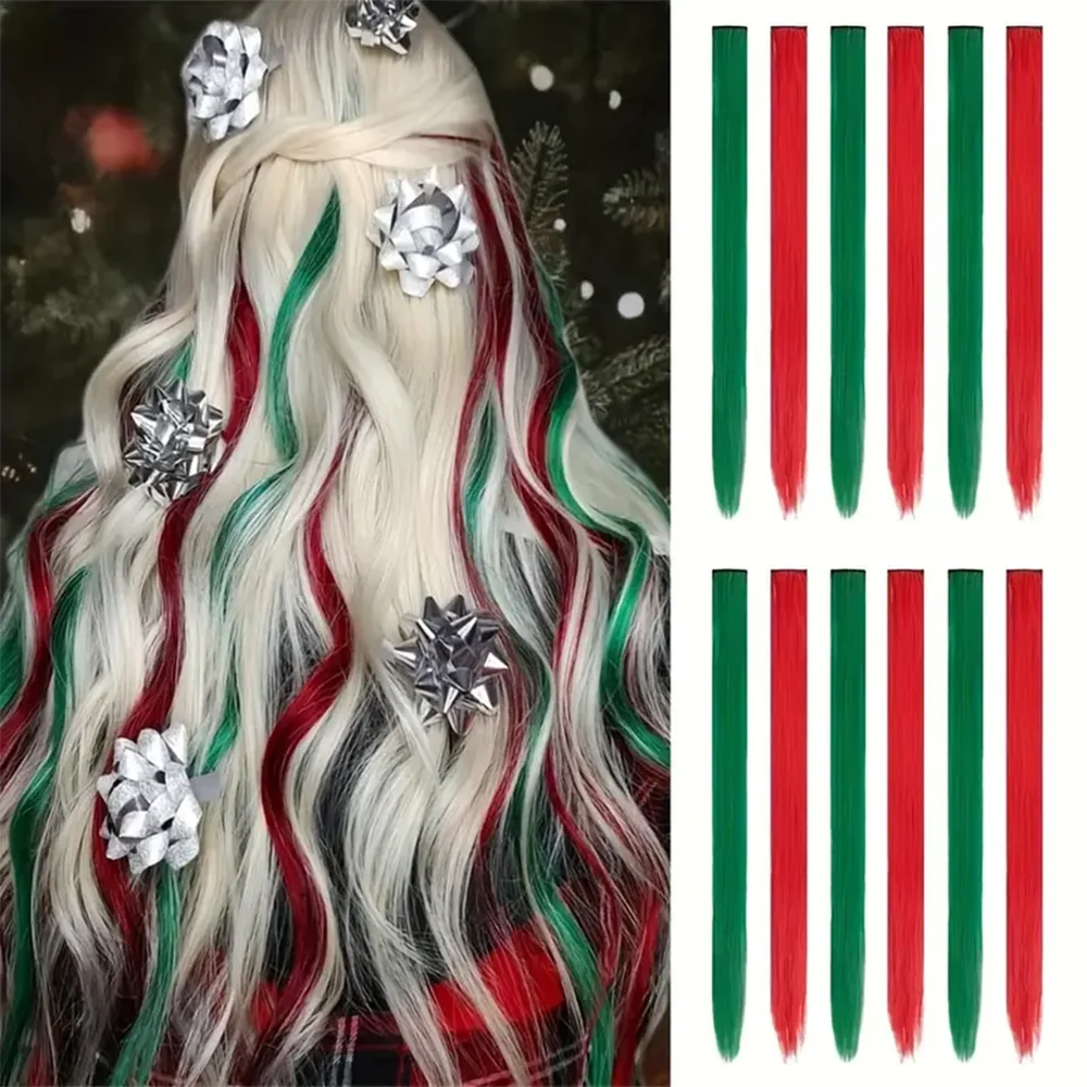 

20inch Christmas Colored Hair Green Red White Extensions Party Highlights Clip Hair Straight Hairpiece Clip in Synthetic Hair