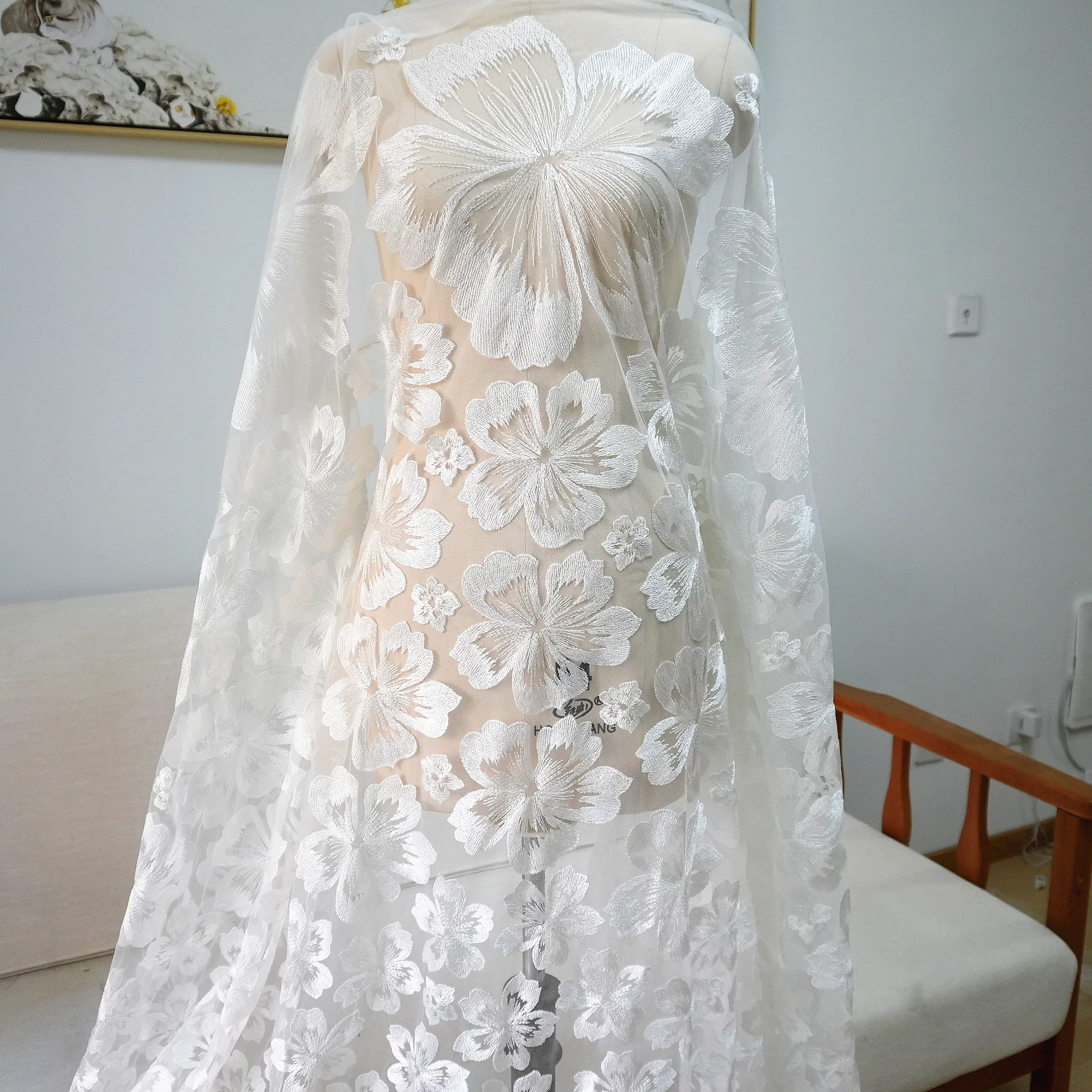 

Bridal Wedding Dress Tulle Embroidery Lace Big Floral Appliqued Fabric DIY Craft Trim Supplies Material