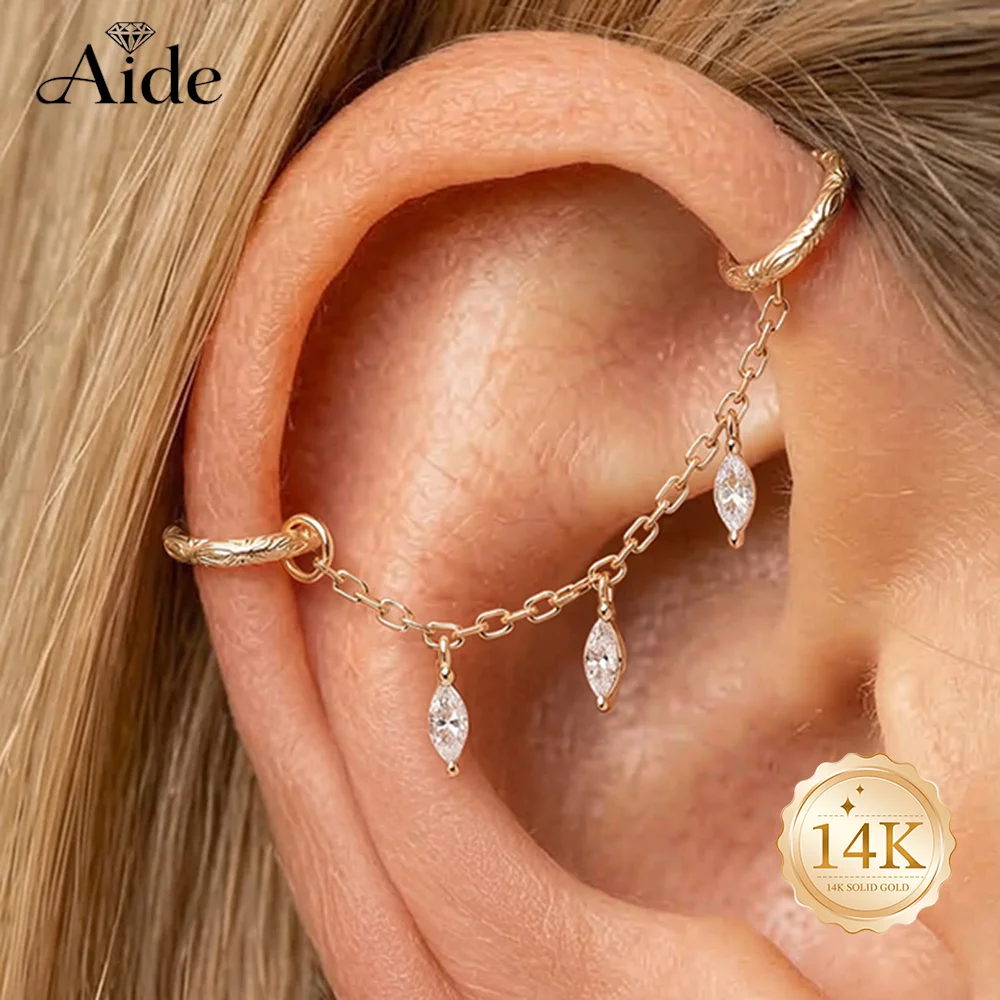AIDE 14K Solid Gold Horse Eyes Chain Tassel Pattern Single Circle Piercing For Women Cartilage Helix Dainty Luxury Fine Jewelry