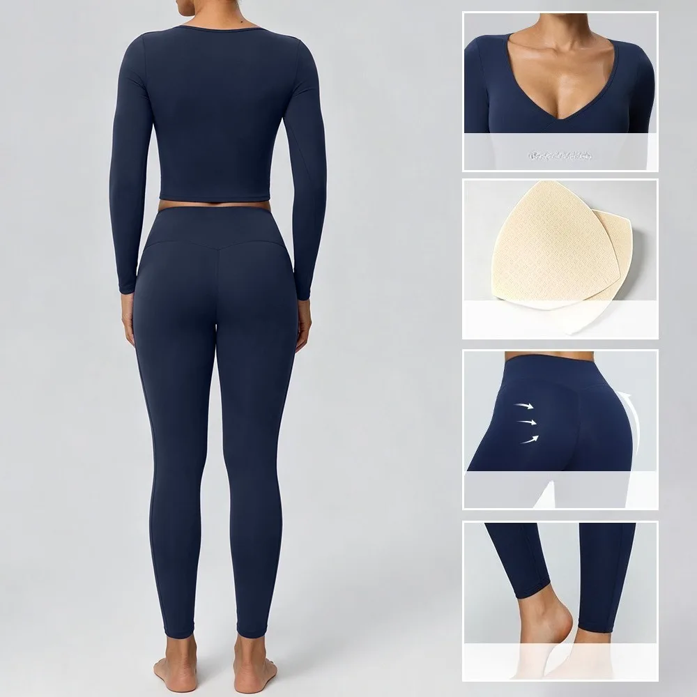 Women Yoga 2‑Piece Set Deep V Long Sleeve Top Hip Lifting Pants Soft Double Brushed Fabric Gym Fitness Sports Outfit
