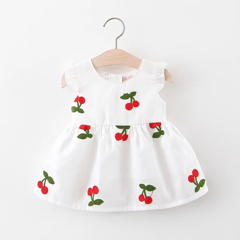 Summer Baby Girl Dress Girl\'s Cherry Embroidered Round Neck Small Flying Sleeves Princess Dress Children\'s Dress