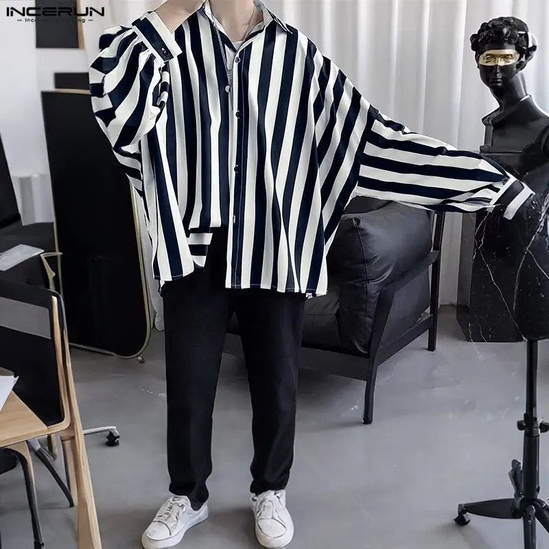 

INCERUN Мужская полосатая рубашка с лацканами и длинными рукавами на пуговицах, модная мужская одежда больших размеров, уличная одежда, свободные мужские рубашки в корейском стиле, топы