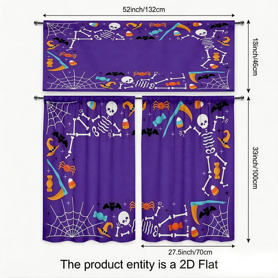 Halloween Fall Kitchen Curtains, Skeleton Witch Border, Digital Print, Kitchen Dining Room, Rod Pocket Polyester, Home Decor