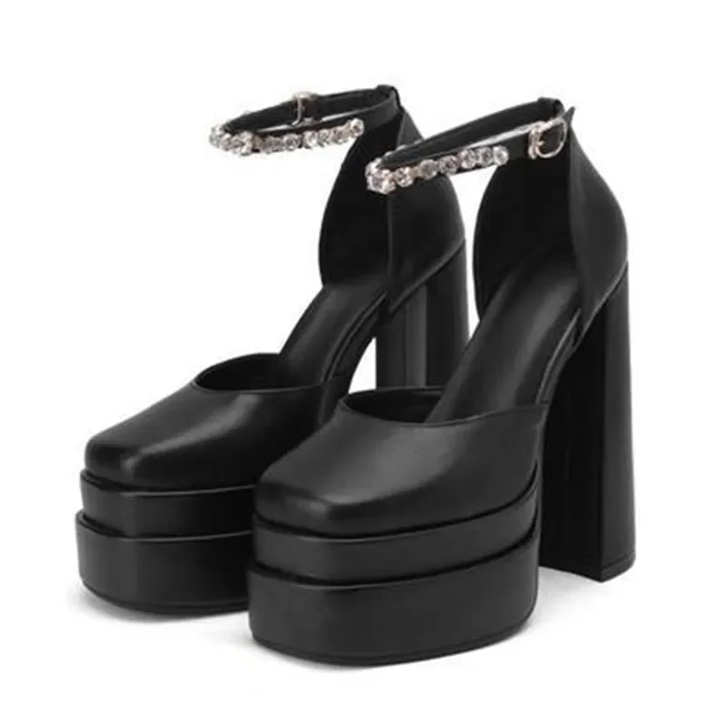 Women Pumps Brand New Sexy Chunky 14.5CM High Heels Platform Dress Shoes Party Wedding Shoes Buckle Rhinestone Size 43