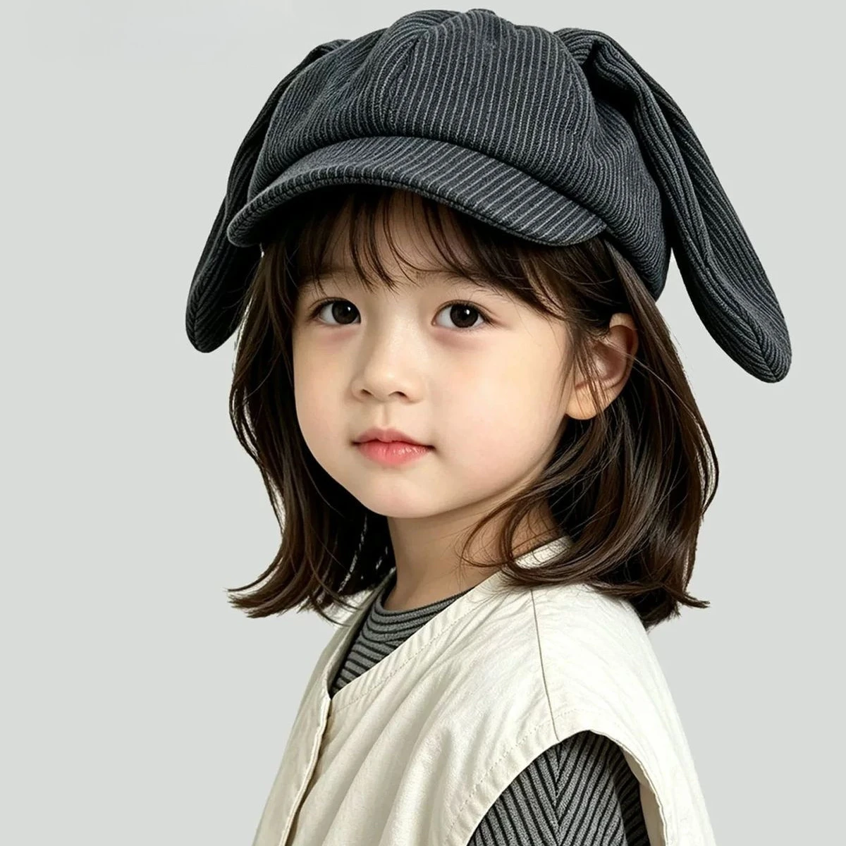 Niedliche achteckige Baskenmütze für Kinder, Herbst-Winter, gestreift, gestrickt, mit Hasenohren, für Babys, Jungen und Mädchen, warme, lässige Newsboy-Mütze – Detail 3