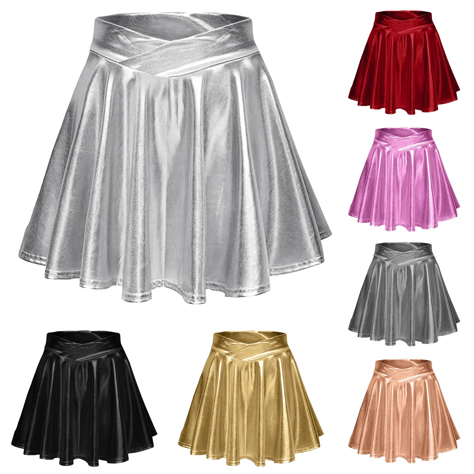 

Women's Fashion High Waist Pleated Solid Color Short Skirt Loose Skirt Metallic Skater Skirt Sparkly Shiny Flared Hinge Skirt