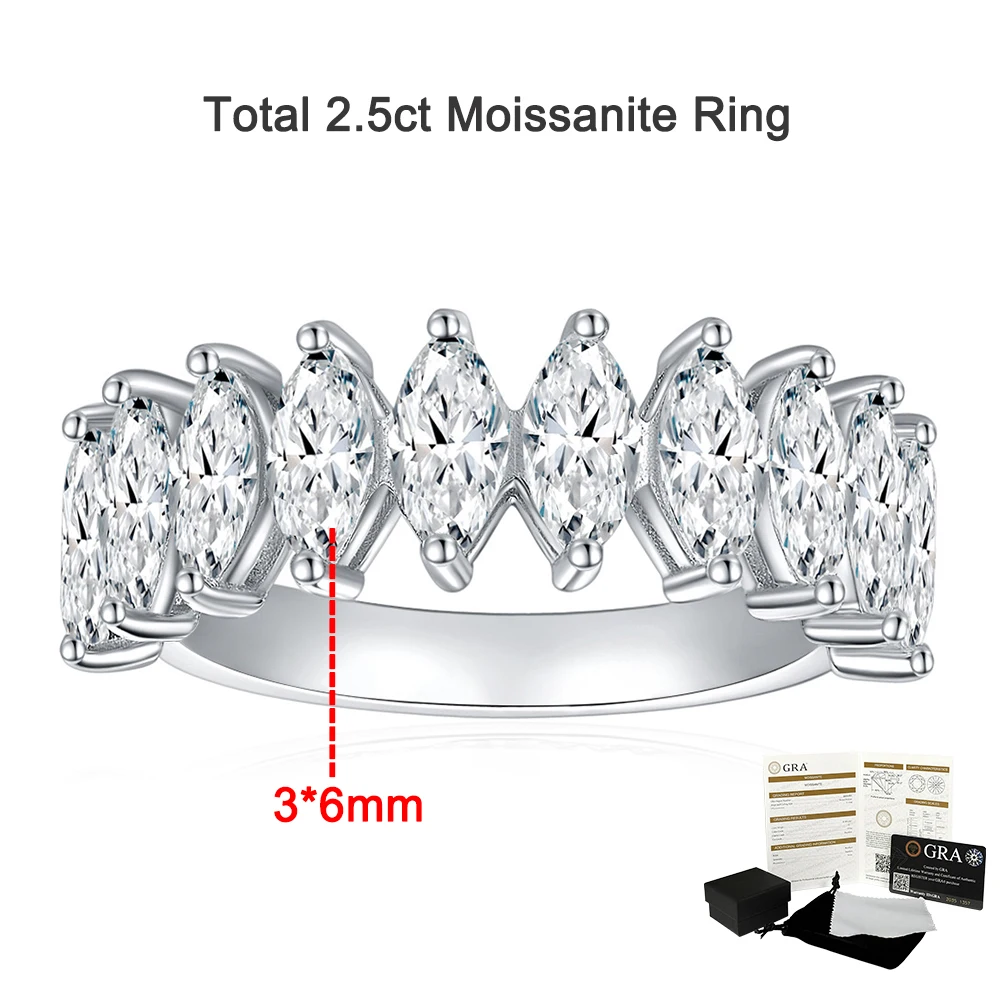 Luxury 3*6mm Marquise Cut Moissanite Diamond Ring For Women 100% S925 Silver 18K Gold Plated Half Eternity Wedding Band Jewelry