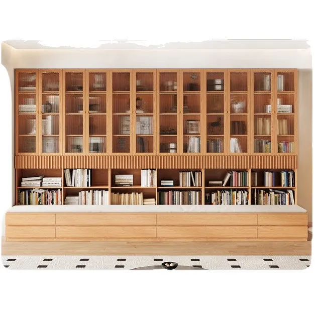 Estantería de madera maciza, tarjetero, librero, mueble de pared completo integrado para sala de estar, vitrina de almacenamiento de pared completa de roble