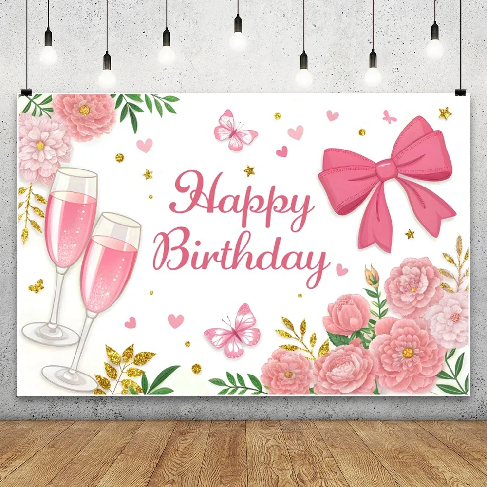 

Newborn Happy Birthday Photography Backdrop Pink Bow Wine Glass Flowers Baby Shower Gifts Summer Party Decor Photo Background