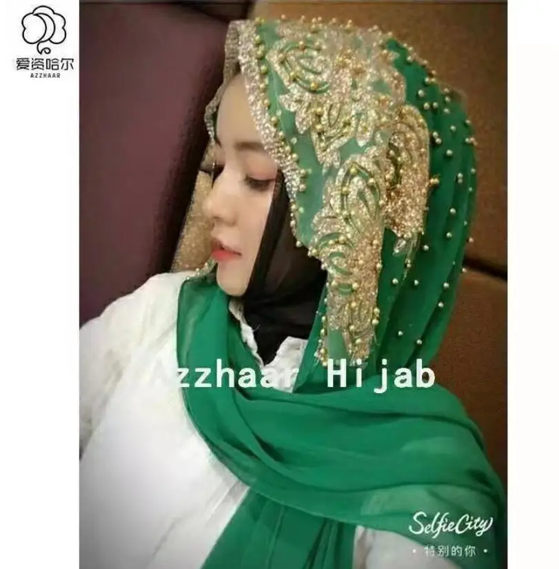 Muslim Chiffon Hijab Beaded Femme Musulman Gold Diamonds Sequins Long Scarf Hijabs Hoofddoek Fashion Plain Turbante