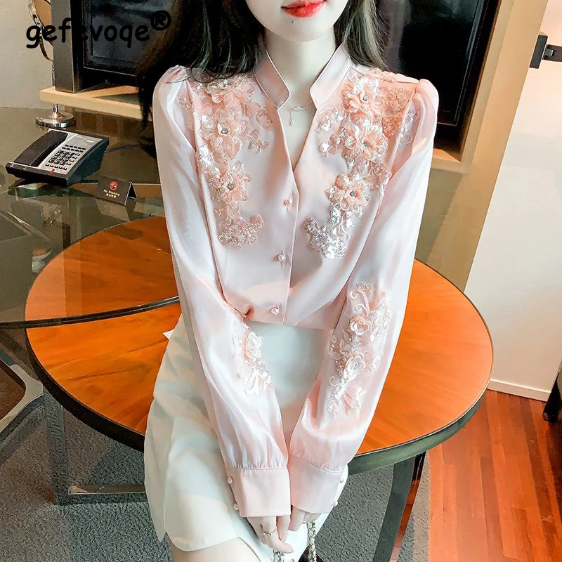 Women Embroidery Beaded Vintage Elegant Shirt Spring Autumn Fashion Chic Blouse Long Sleeve V Neck Loose Tops Solid Sweet Blusas