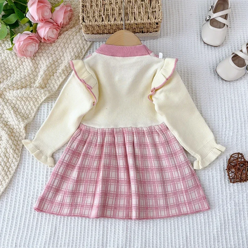 Kids Clothes Pink Sweet Cute Elegant Sweater Children's Clothing Bow Grid Splicing Princess Dress Winter Flower Girl Dresses