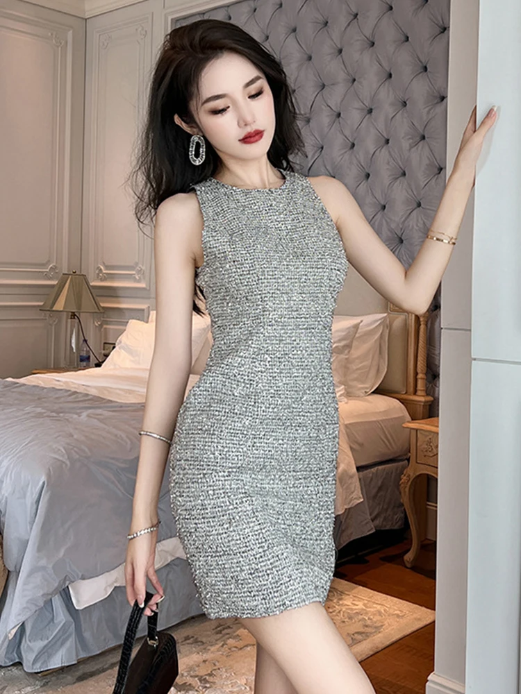 Elegancka sukienka tweedowa dla kobiet, profesjonalna szara kamizelka, krótka sukienka na randkę, styl celebrytki, do pracy, vestidos, odzież na imprezę.