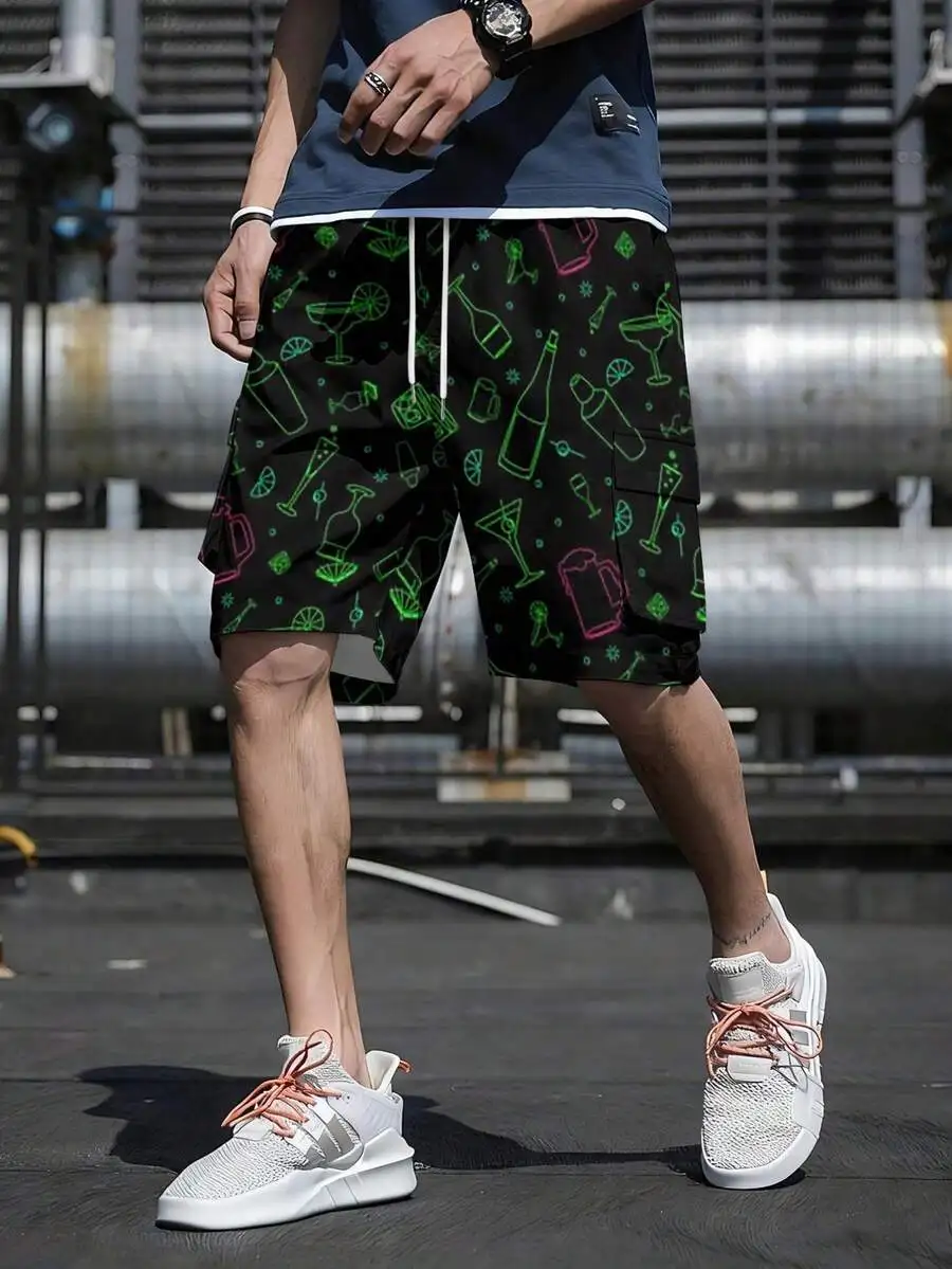 Mens Cargo Shorts With Neon Barware Print, Polyester, Lightweight Breathable For Parties Casual Wear