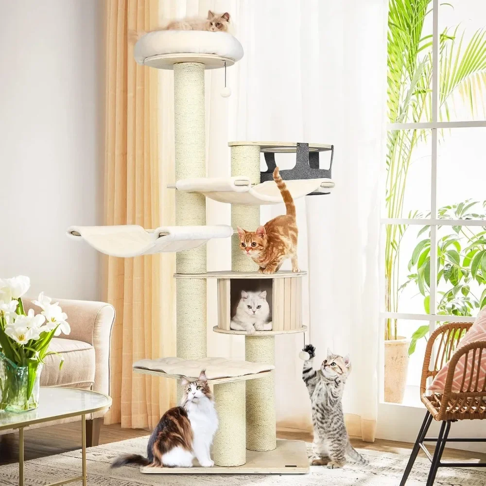 Multi-Level Tall Cat Tower with Sisal Posts, Hammocks, Basket, Condo, Washable Cushions