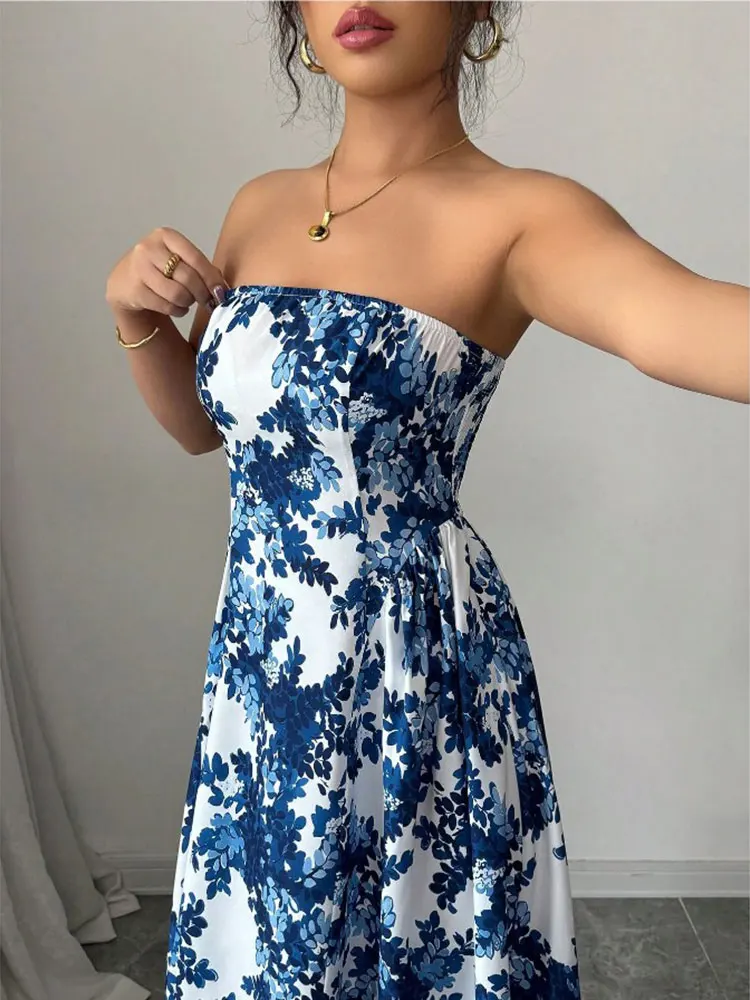 Abiti lunghi floreali Boho da donna nuovi senza spalline smocked flowy vacanza al mare lungo prendisole eleganti abiti da festa abiti femminili