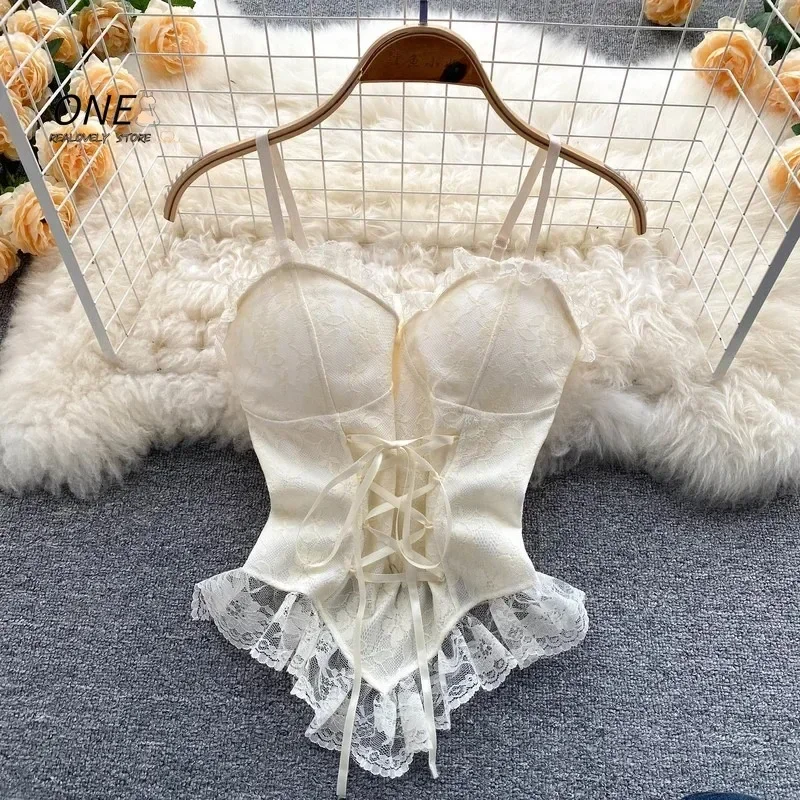 Vintage Lace Corset Bustier Women Spaghetti Straps Tanks and Camis Sexy Slim Crop Top Urban Chic Camisole Fashion Summer Clothes