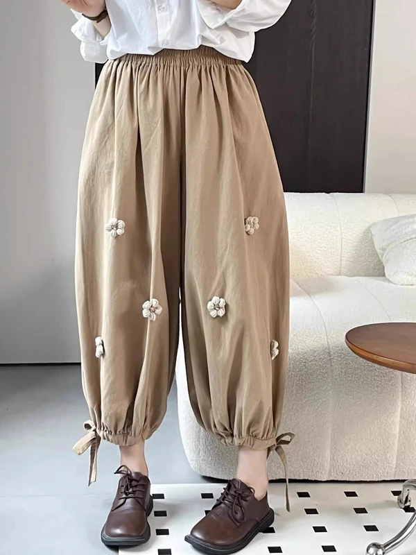 Slimming Lantern Pants Women's Faion High Waist Cotton Linen Blend Patchwork Decorated Harlan Trousers Autumn Wear