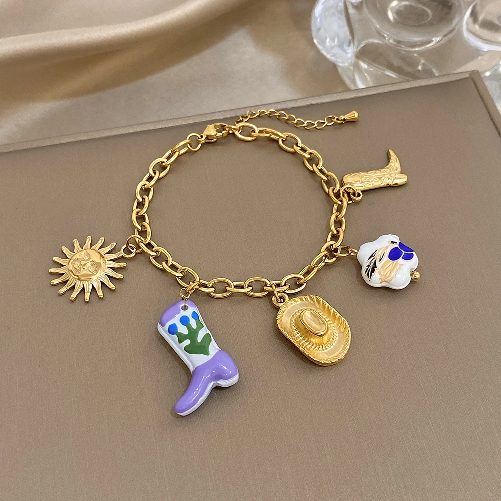 

Elegant Waterproof Stainless Steel Bracelet for Women Vintage Ceramic Flower Cowboy Hat Boots Pendant Bracelet Jewelry Gift
